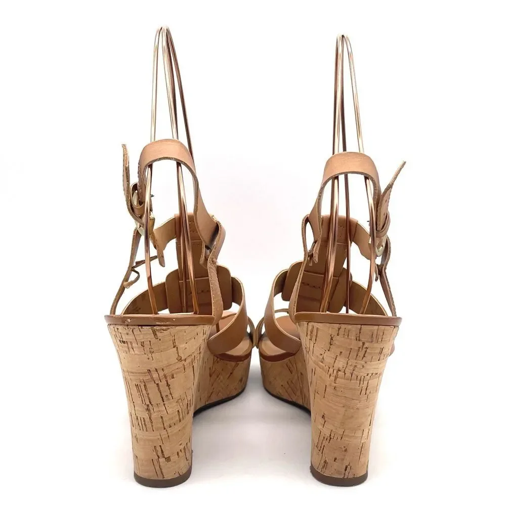 Franco Sarto Cera Tan Leather Strappy Cork Wedge Sandal Shoes Women’s Size 10